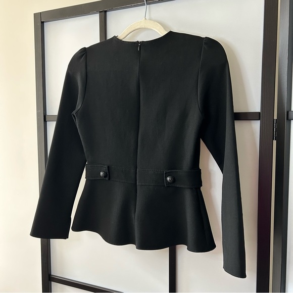 [s] Zara Black High Neck 3/4 Long Sleeve Peplum Blouse Top with Button Detail - Picture 4 of 13